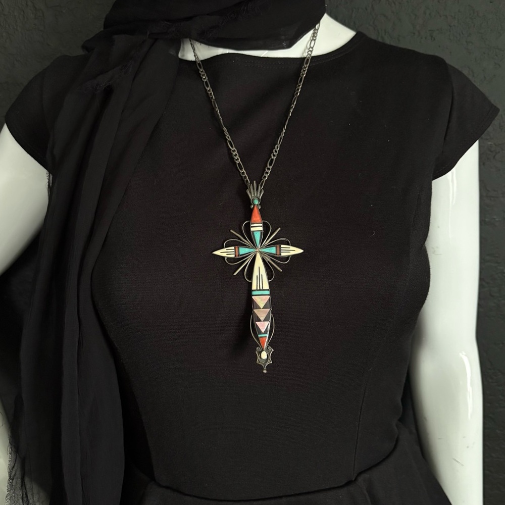 Sterling Zuni Adeline Bownannie Turquoise MOP Onyx  Coral inlay mosaic cross - Picture 2 of 16